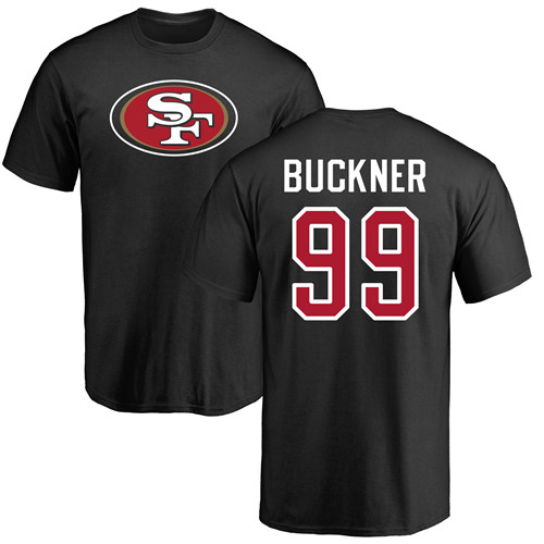 Men San Francisco 49ers Black DeForest Buckner Name and Number Logo #99 NFL T Shirt->nfl t-shirts->Sports Accessory